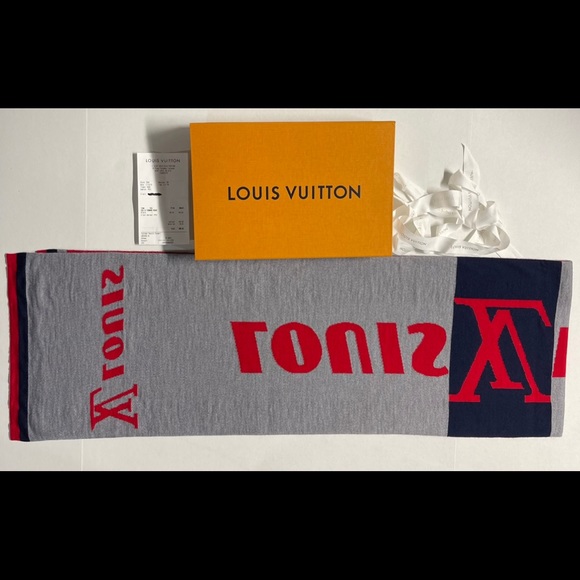 Louis Vuitton LV Scarf W/Receipt🧣🧾Red X Navy Blue X Grey (OPEN BOX NEVER WORN) - Picture 2 of 16